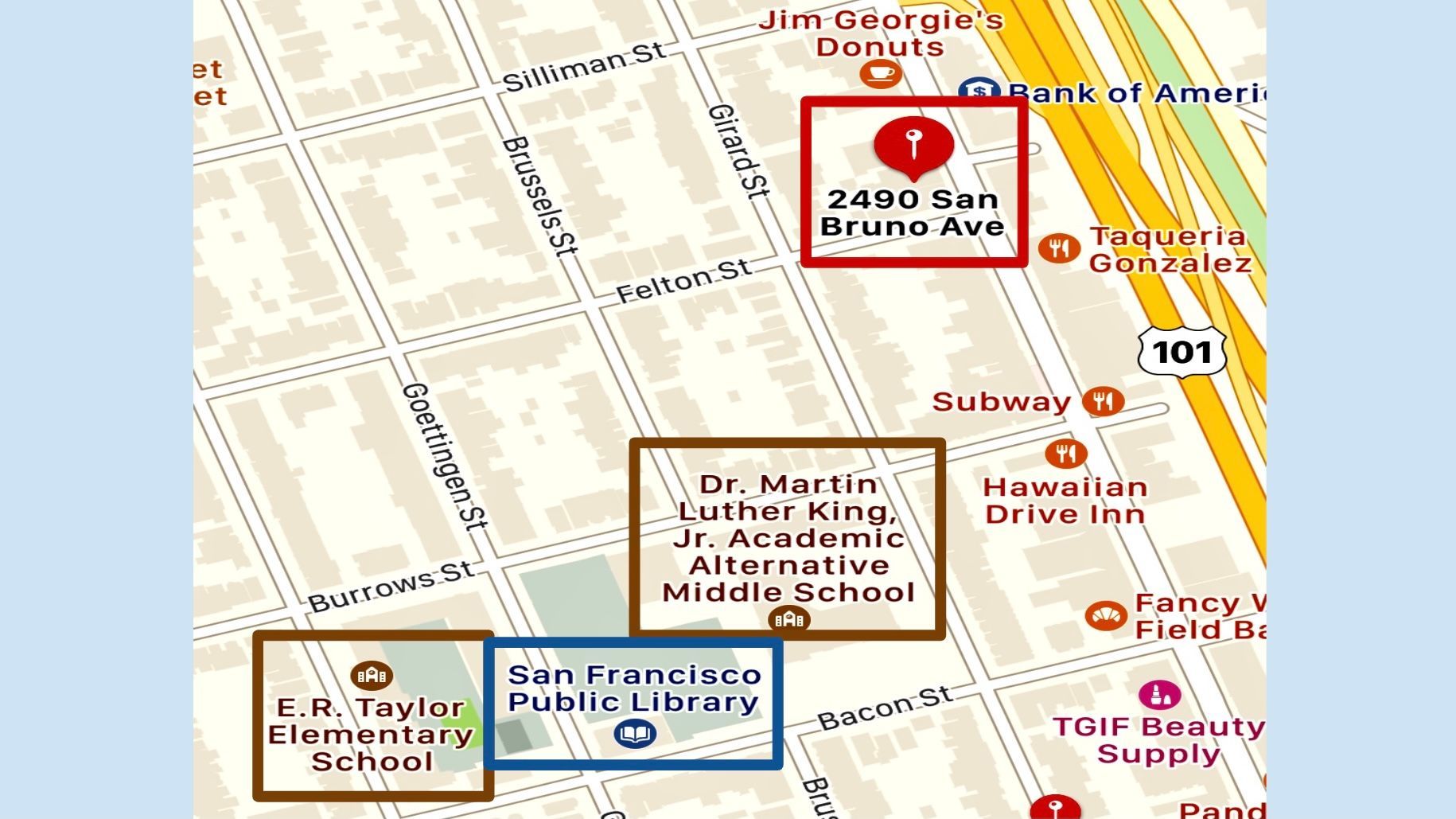 Two schools and a public library are located within 3 - 5 blocks from the proposed cannabis store at 2490 San Bruno Avenue. Google map