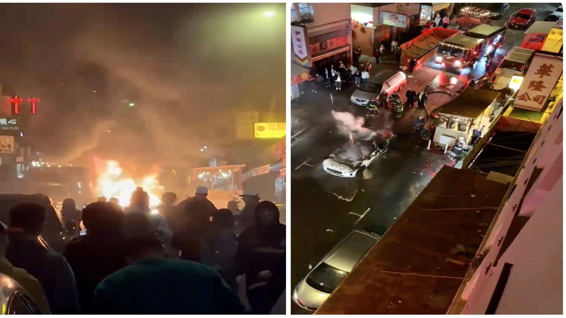The screenshots from Chinatown residents' videos show that Chinatown is in turmoil with large crowds of people gathering and Waymo vehicle being set on fire. Courtesy videos