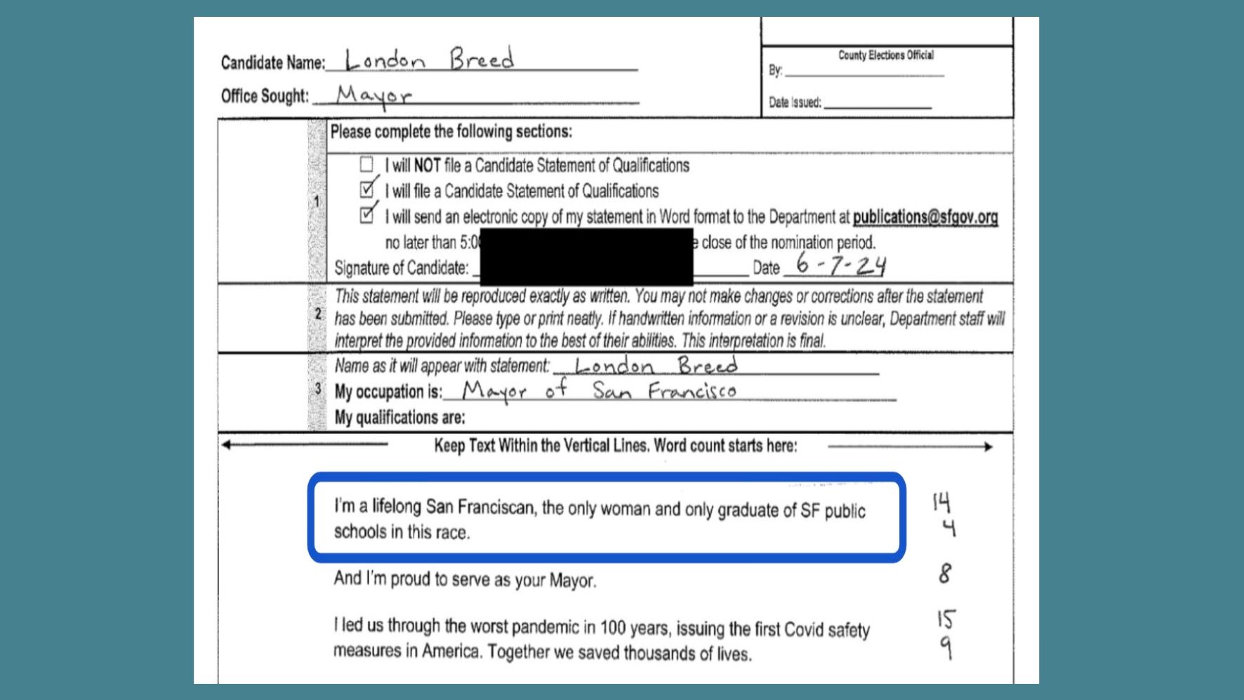 London Breed writes on her Candidate Statement that she is the only woman and graduate of SF public schools candidate in the 2024 mayoral race. Source: SF Department of Elections