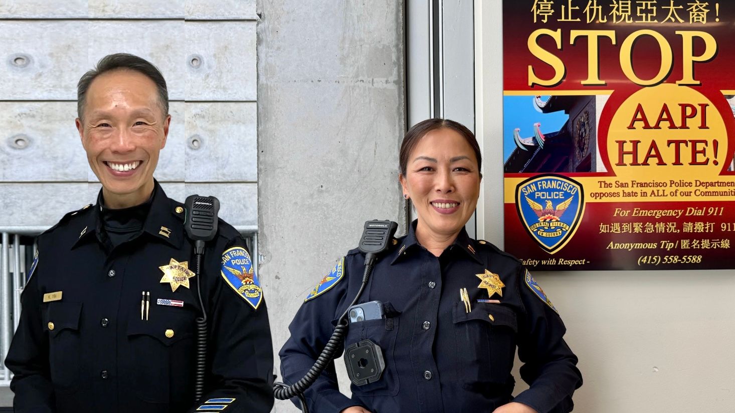 Carla Lee Hurley and Kirk Yin, two bilingual and community-minded Chinese American police officers, have been newly promoted to the rank of Captain in the San Francisco Police Department (SFPD). Lee Hurley also becomes the highest ranking Chinese and Asian American woman police officer currently in the department. Photo by Portia Li