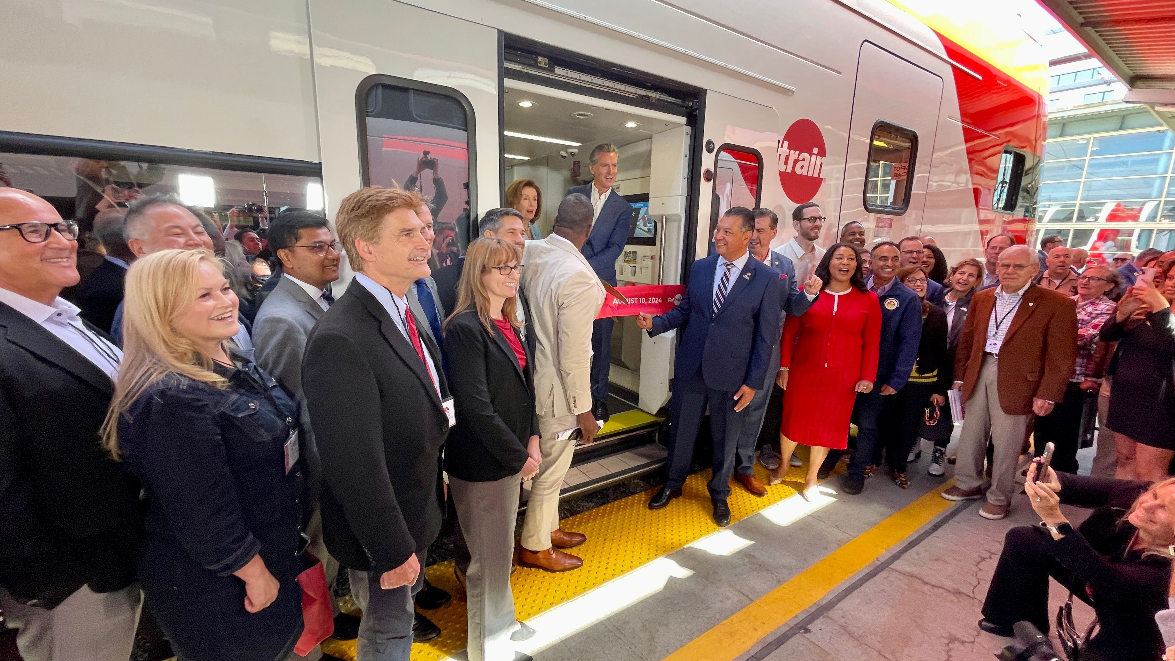 Governor Gavin Newsom, Speaker Emeritus Nancy Pelosi and elected officials from San Francisco to San Jose attend the first ride on Caltrain’s new electric fleet on August 10, 2024. Photo by Portia Li