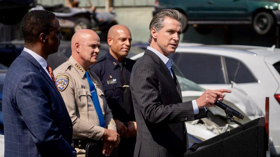 Governor Newsom (first from right) announced on July 11 to increase deployment of state law enforcement in Oakland to combat crime. Courtesy Governor’s Office