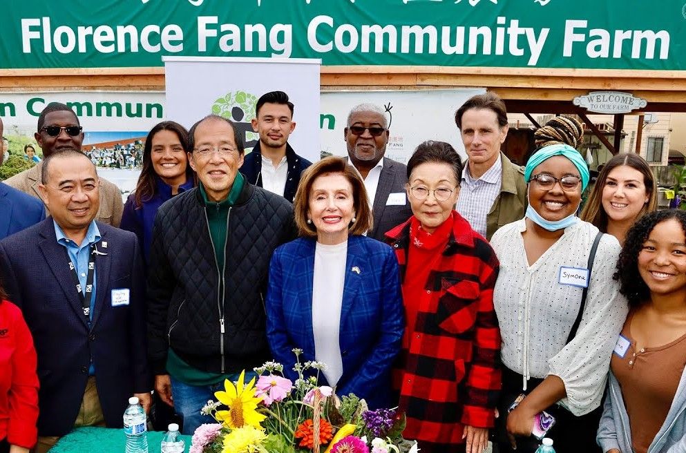 In recent years, Ted Fang (2nd from left in front row) devoted to charity and community work including founding Florence Fang Community Farm to name after his mother (3rd from right in front row).  Courtesy Max Millard