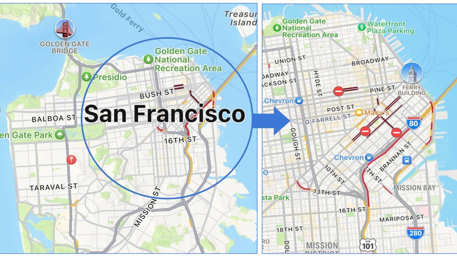 It is suggested that motorists can come to Chinatown via the west side of the city to avoid the traffic congestion in red. Courtesy Google Maps