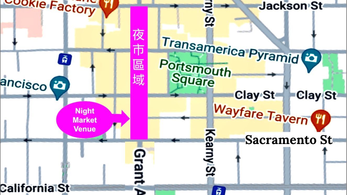 Pink area is the site for the March 8 night market in San Francisco Chinatown. Courtesy Google Map