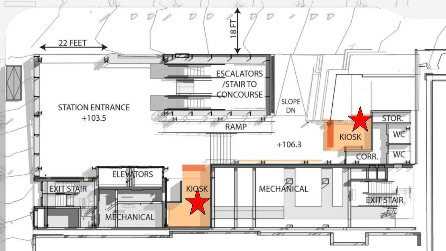 Two commercial retail opportunities (red stars) at the future Chinatown - Rose Pak Station are available to apply. Courtesy SFMTA