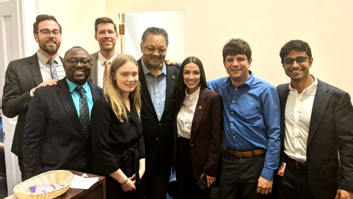 U.S. Representative Alexandria Ocasio-Cortez (3rd from far right), D-New York, was elected in November 2018 at the age of 29 and became the youngest woman ever elected to Congress in American history. Saikat Chakrabarti (1st from far right) ran her campaign and later served as her Chief of Staff in Congress. Courtesy Saikat Chakrabarti