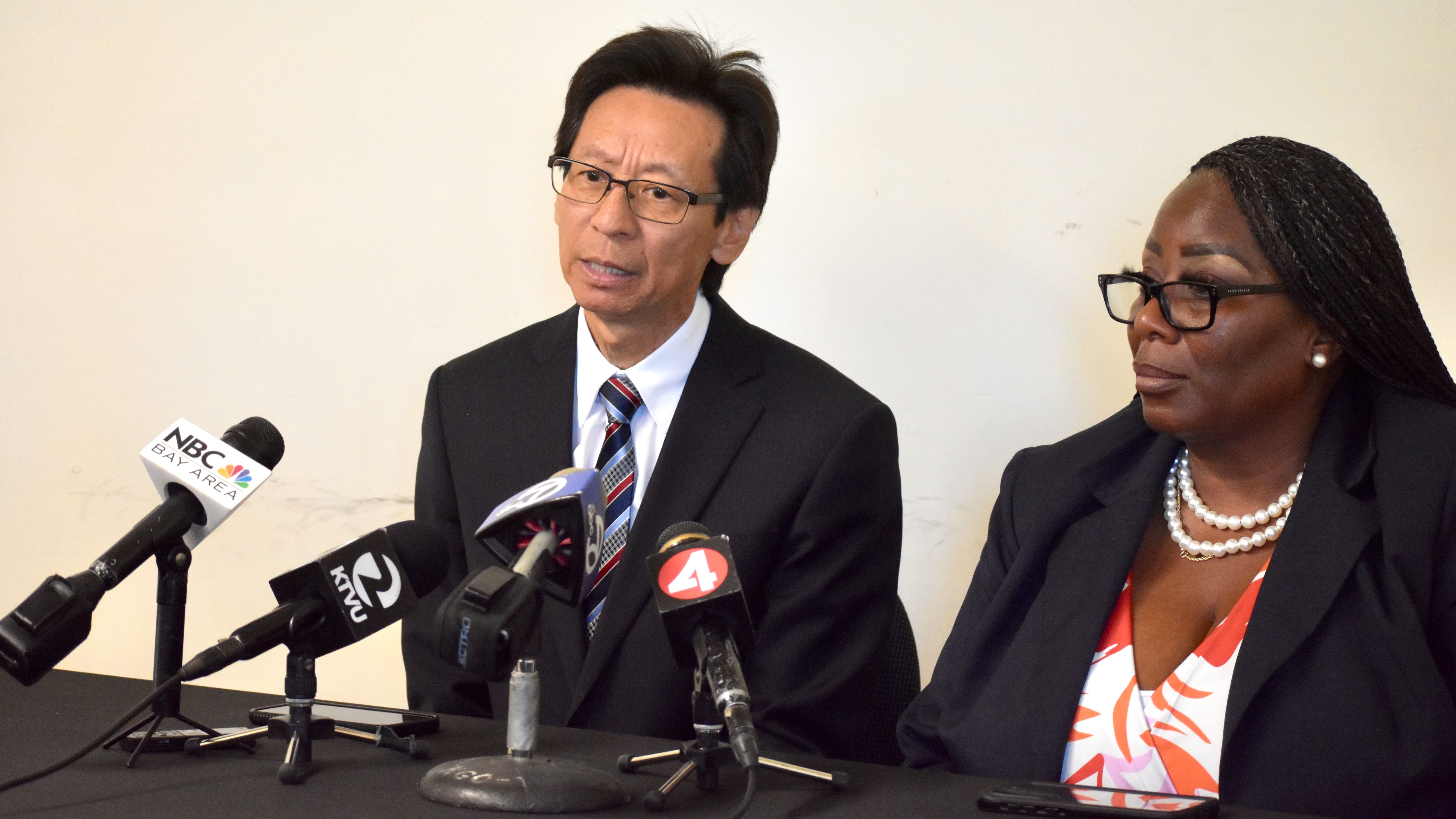 Two co-principal-officers of the Recall DA Pamela Price campaign, Brenda Grisham and Carl Chan, host a press conference to announce the signature gathering starting October 15. Photo by Portia Li