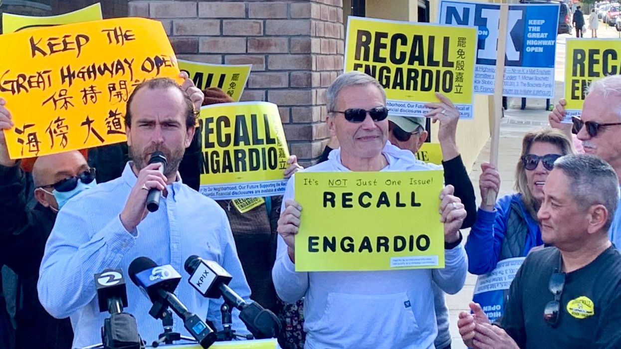 Former D7 Supervisor candidate Matt Boschetto (speaking) and Parkside business leader Albert Chow (1st at far right) are among the plaintiffs to file a lawsuit challenging the legality of Proposition K which was passed by voters to permanently close Upper Great Highway. Courtesy photo