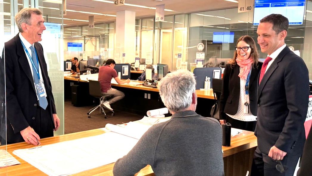 Mayor Daniel Lurie visits the City’s Permit Center and unveils the PermitSF Portal which allows homeowners and business owners to obtain permits directly online without coming to the permit center in person. Courtesy Lurie on X