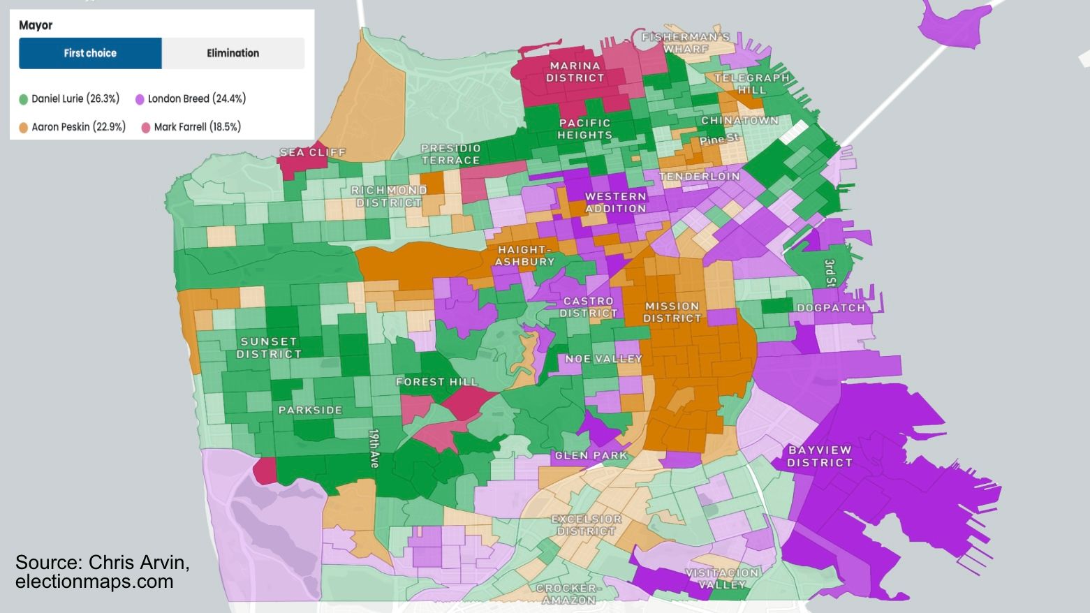 Mayor-Elect Daniel Lurie received the majority of the vote (green areas) in Asian neighborhoods including Sunset, Richmond, Oceanview, Portola. Courtesy Chris Arvin of electionmapsf.com