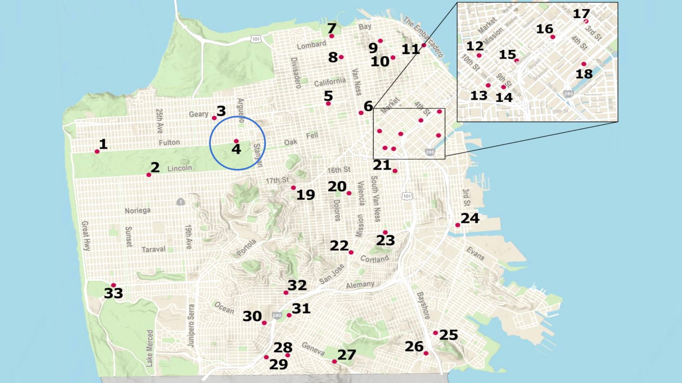 SFMTA has issued highest number of warnings to drivers for speeding violations at Fulton Street between Arguello Blvd. and 2nd Avenue (in blue circle). Courtesy SFMTA