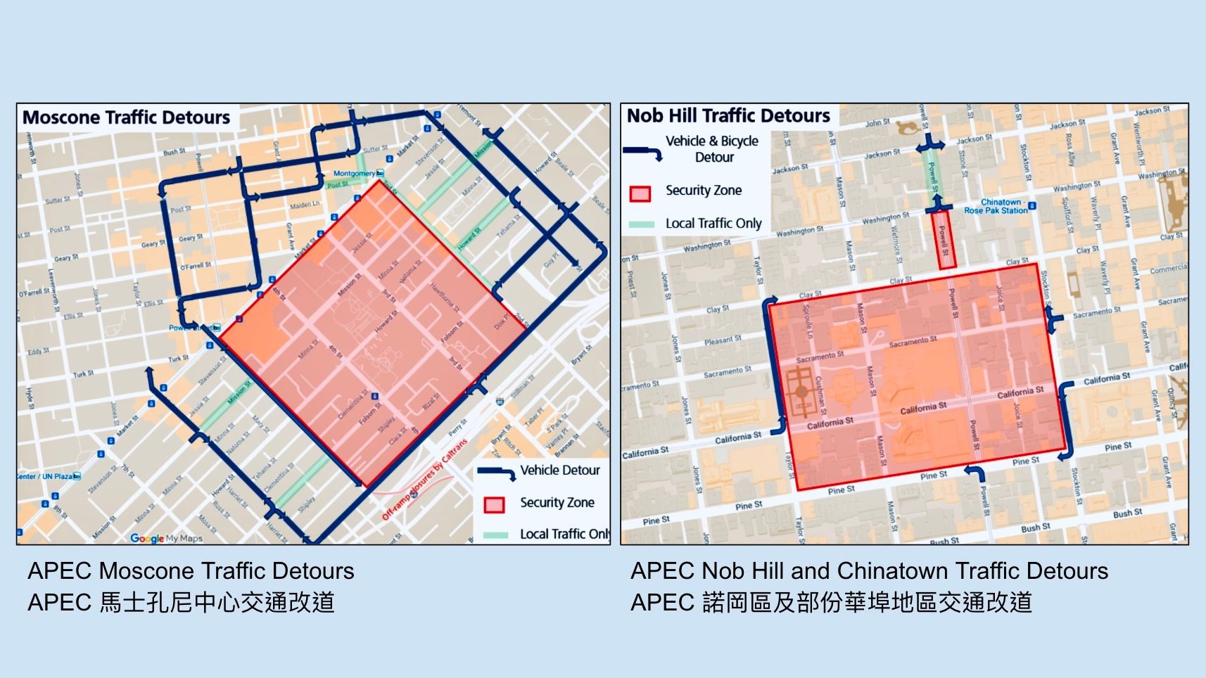 APEC Summit's traffic detours in San Francisco will be mostly surrounding Moscone Center and hotels in Nob Hill next to Chinatown. Courtesy SFMTA