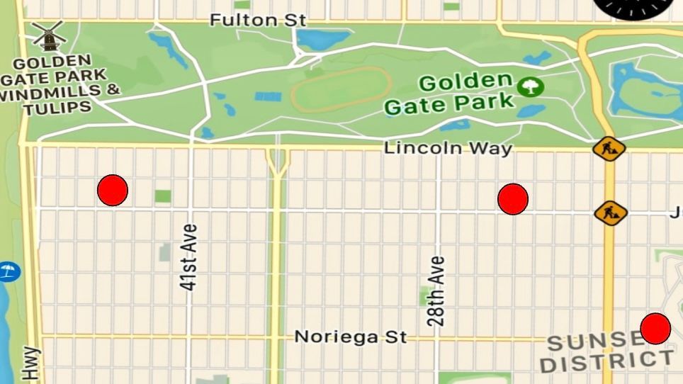 Three armed robberies (red dots) occurred within 12 hours on March 21 in the Sunset District.