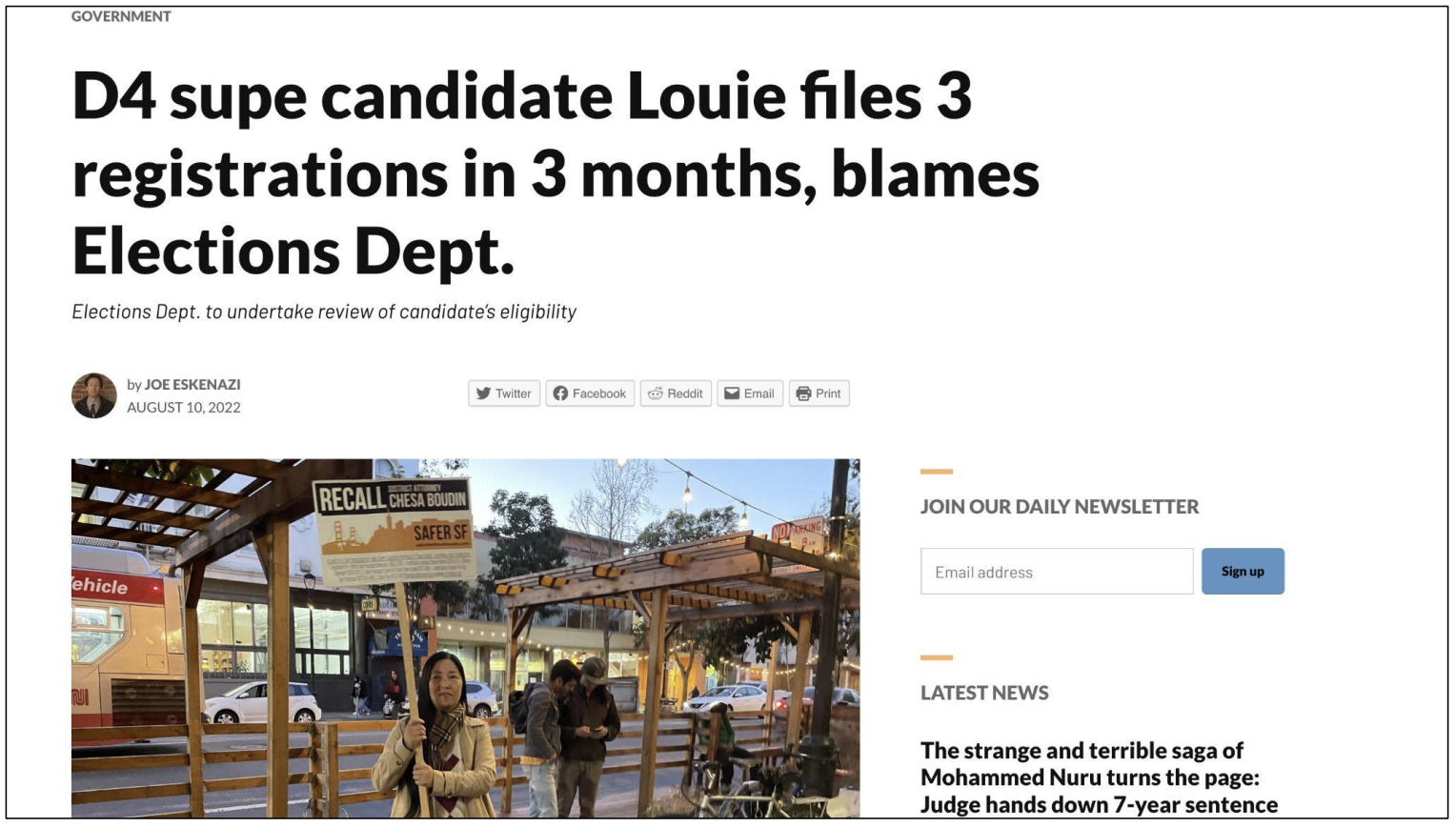 Mission Local Editor Joe Eskenazi publishes a news report on August 10 related to the voter registration records of District 4 Supervisor candidate Leanna Louie.