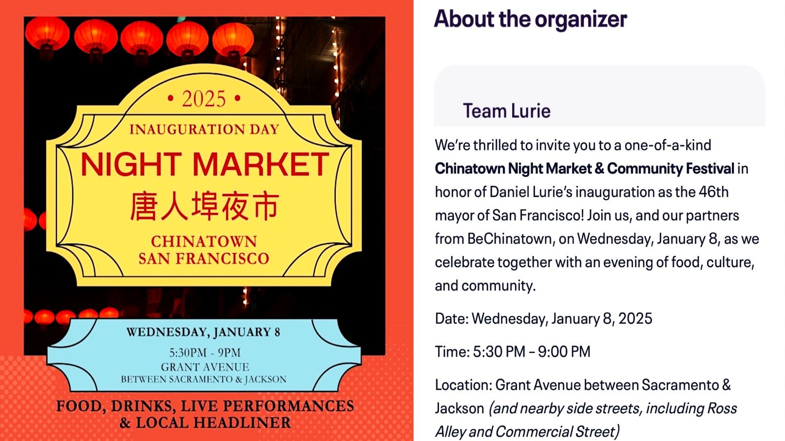 Mayor-Elect Daniel Lurie and his team announces online on December 30, 2024 a list of inaugural events including the Chinatown Night Market on Jan. 8. The night event is partnered with BeChinatown. Screenshot