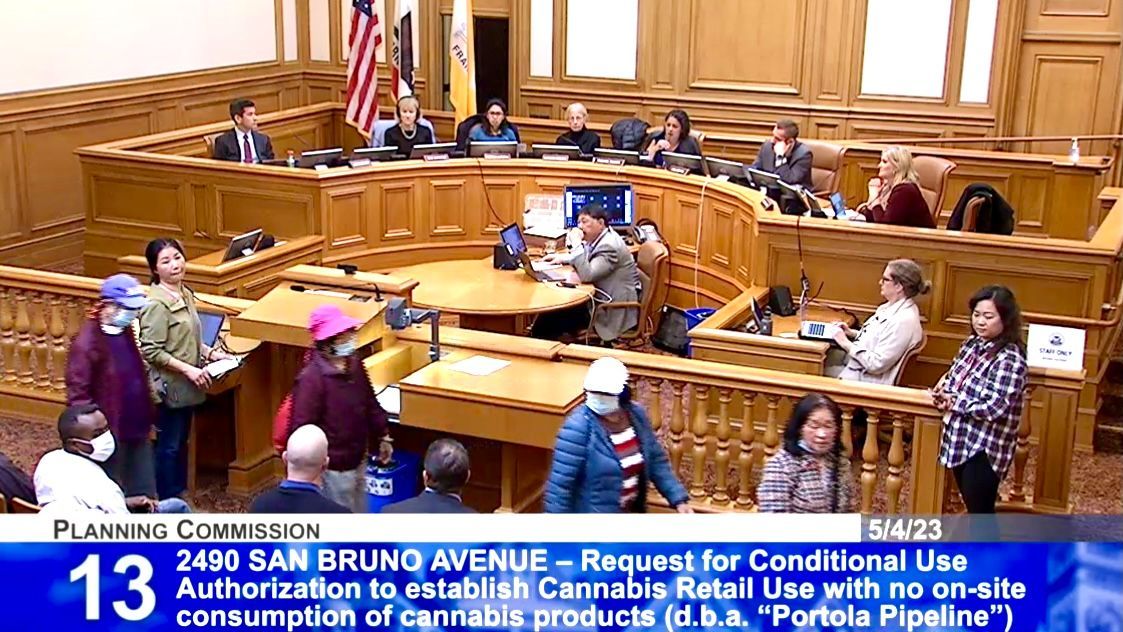 Despite protests from dozens of speakers from the Chinese community, 6 Planning Commissioners vote unanimously to approve the license for Portola Pipeline cannabis retail at 2490 San Bruno Avenue in Portola neighborhood. Screenshot