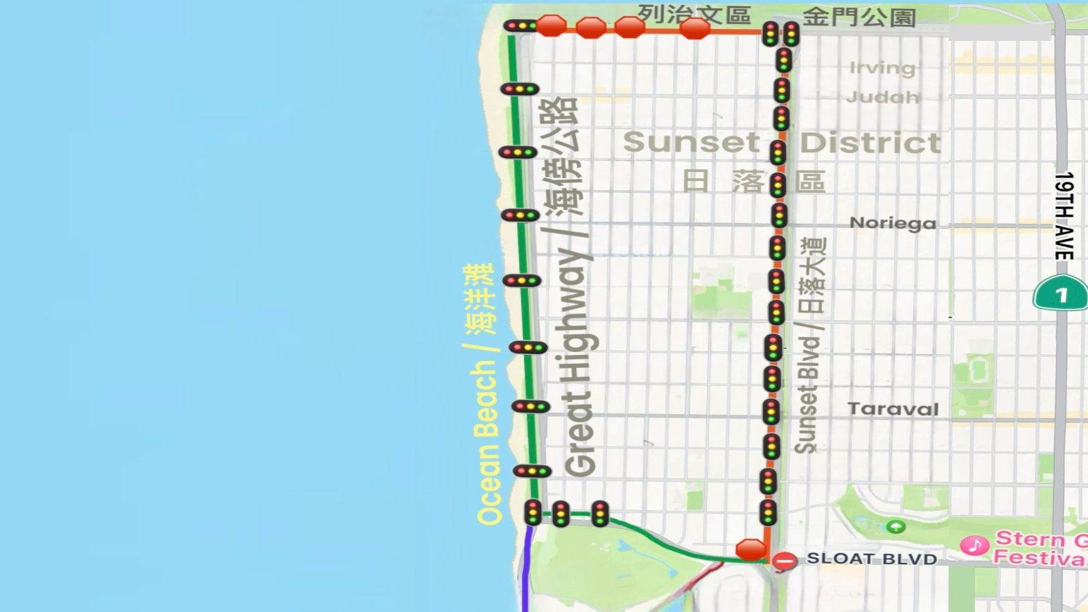 If Proposition K is passed, traffic will be severely congested, with 19th Avenue and Sunset Boulevard experiencing multiple times the usual volume, leading to extended delays of over an hour. Courtesy Josephine Zhao