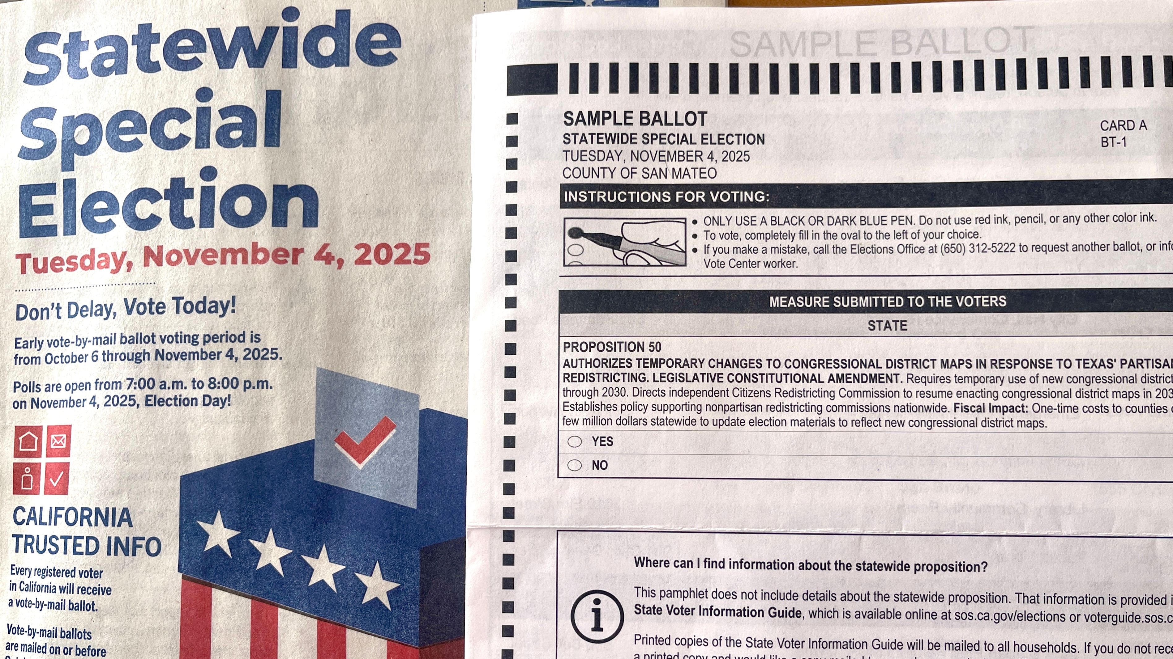 Every registered voter in California has been delivered a vote-by-mail ballot and voter guide in the mail for the upcoming November 4 Special Election in which statewide voters will decide if they approve Prop. 50 to use a new congressional district map for future elections from 2026 to 2030. Photo by Portia Li