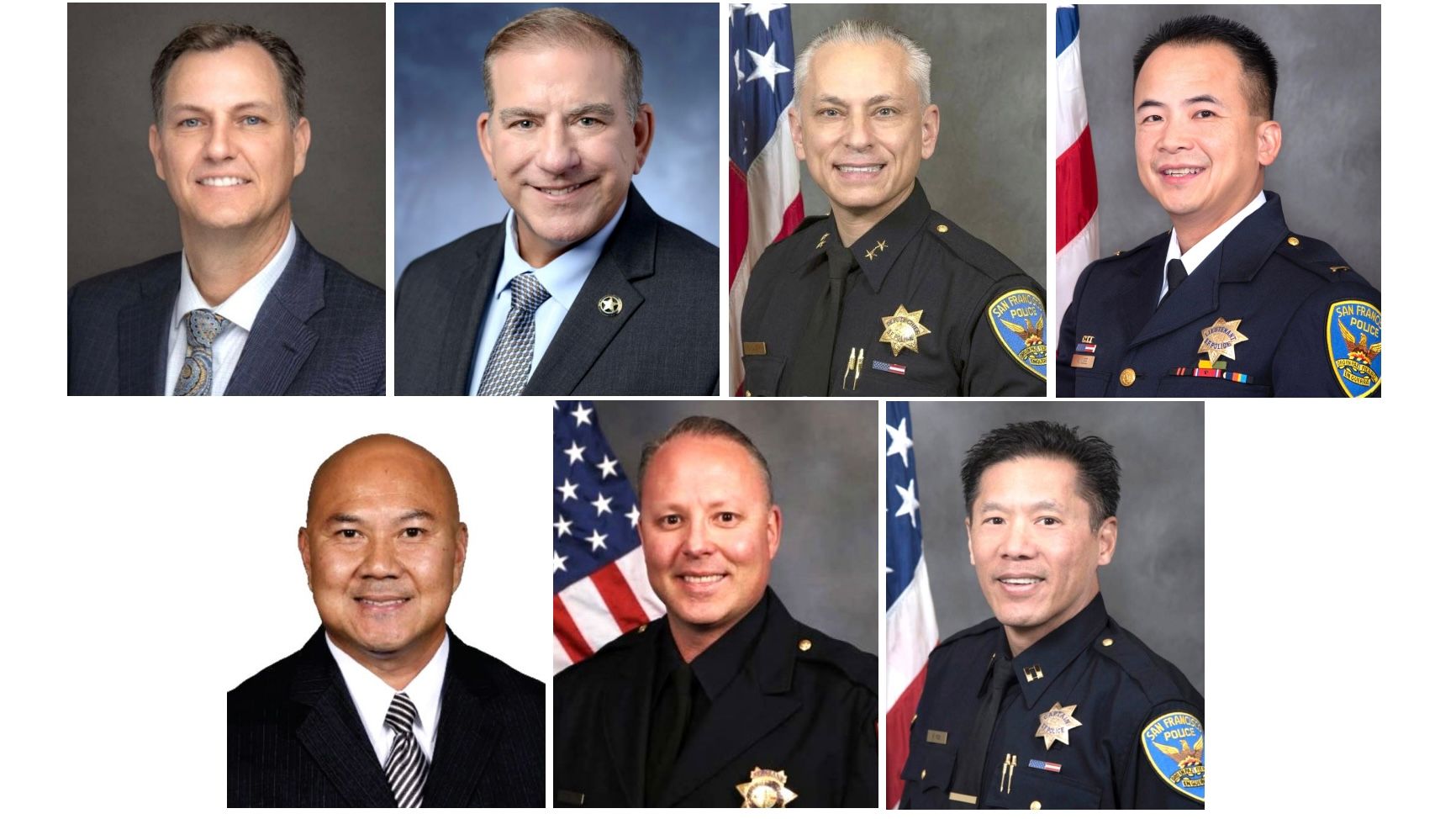 Seven candidates in the first round to be considered as next San Mateo County Sheriff are Gilroy Interim Police Chief Kenneth Binder (clockwise from far left on top row), City Manager of Hillsborough John Doug Davis, former Assistant Chief of the San Francisco Police Department (SFPD) David Lazar, SFPD Richmond Police Station Captain Kevin Lee, San Francisco State University Police Department Captain Robert Yick, San Mateo County Sheriff's Office Sergeant David Weidner, and Solano Community College District Police Chief Brian Wynn Huynh Travis. Courtesy San Mateo County Office