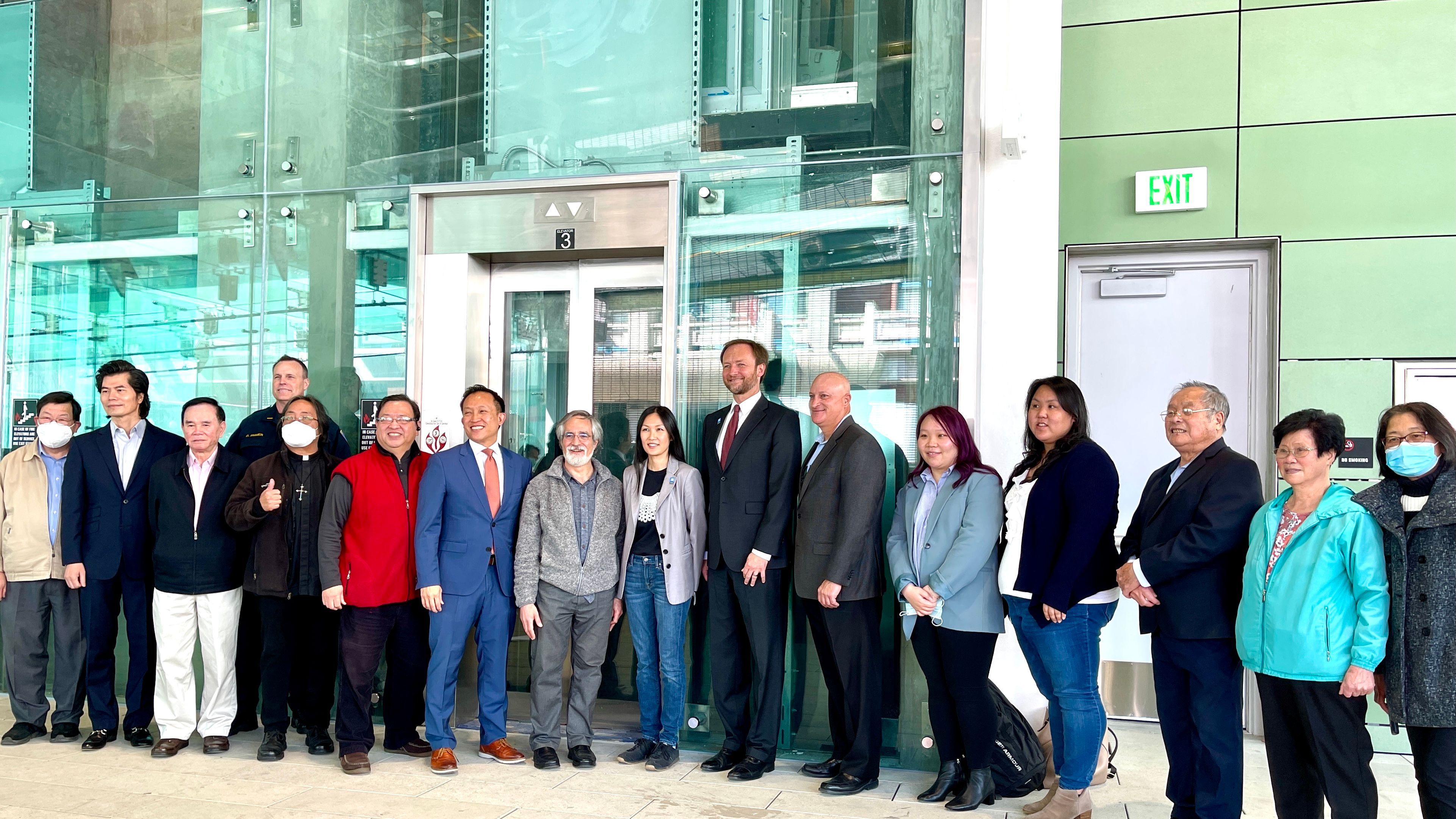 The City and community leaders gather to celebrate the upcoming opening of the Chinatown - Rose Pak Station. Photo by Portia Li