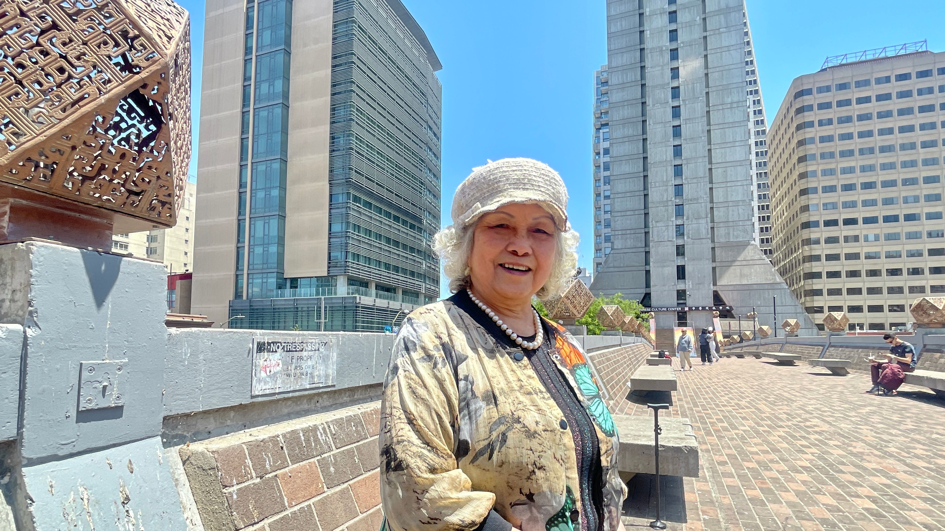 Ann Yuey has taken the lead for years to organize the Chinese community for saving the Portsmouth Square pedestrian bridge from demolition. Her late husband Joe Yuey was one of the key organizers to raise funds for 10 years to build the bridge in the 1960s. Photo by Portia Li