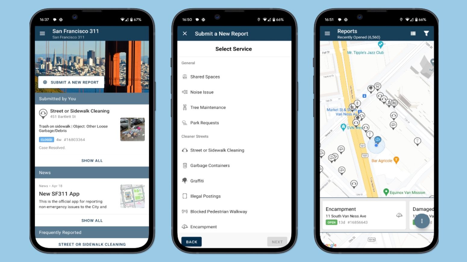 Besides dialing 311, members of the public may submit their requests for services such as shared spaces and noise issue via cell phone app or website to the San Francisco 311 center. Screenshot