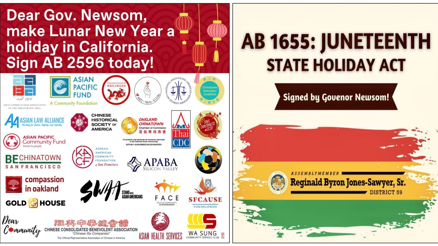 Governor Gavin Newsom signs AB 2596 and AB 1655 into laws to make Lunar New Year and Juneteenth as state holidays from 2023. Twitter photos