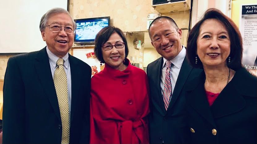 Justice Harry Low (from far left) and Chinese American judges, Julie Tang, Victor Hwang and Lillian Sing, gathered in Chinatown in 2016. Photo by Portia Li