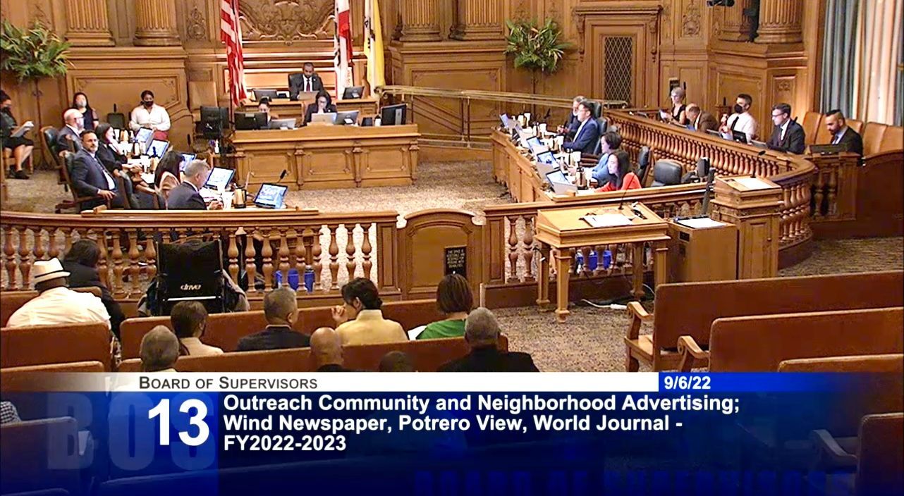 The Board of Supervisors votes unanimously on September 6 to pass a resolution to designate Wind Newspaper as the city’s citywide outreach periodical for the Chinese community.  Screenshot photo