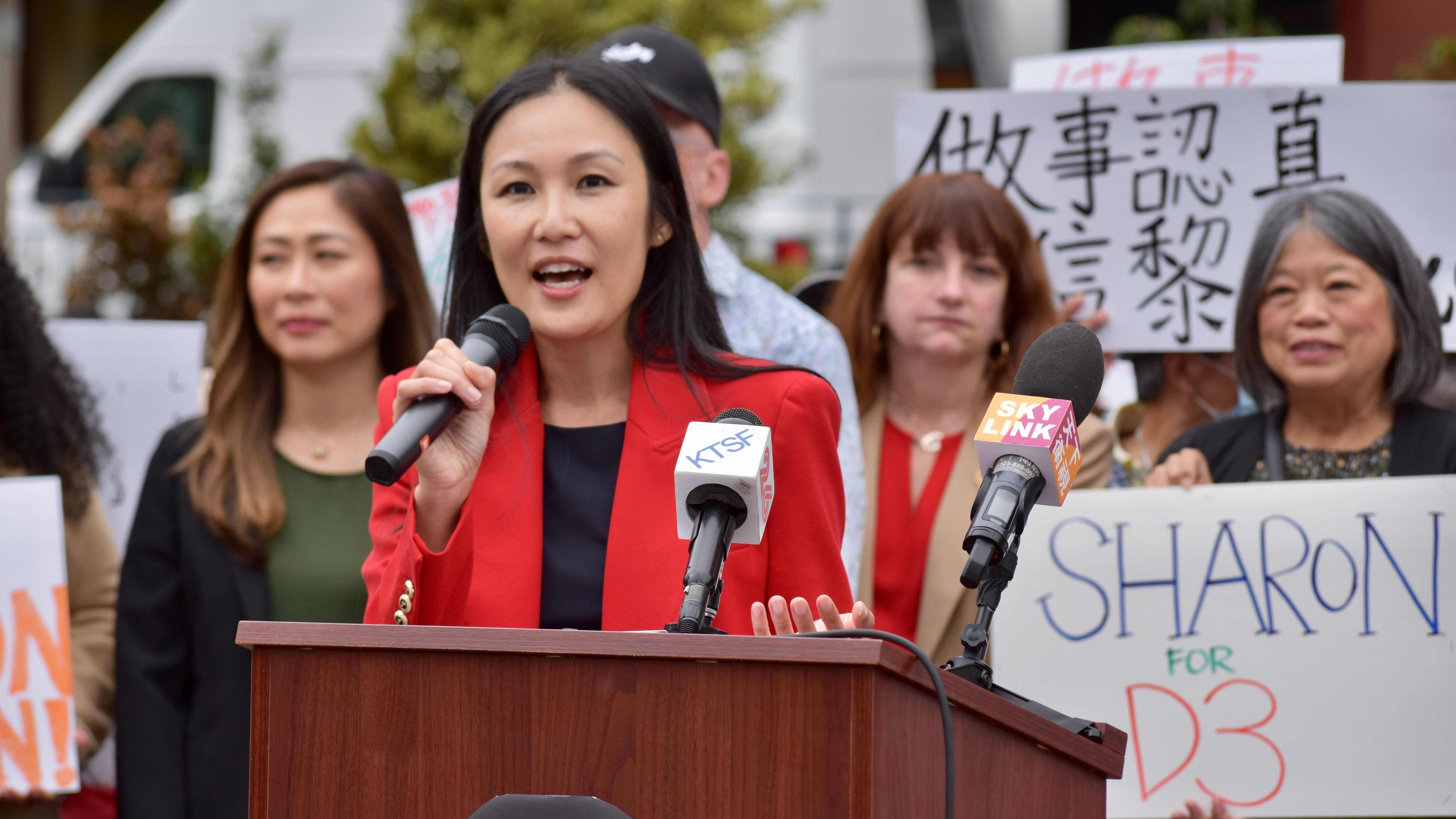 Former San Francisco city commissioner Sharon Lai holds a rally at Portsmouth Square in Chinatown on September 15 to announce her run for D3 Supervisor in 2024. Photo by Portia Li