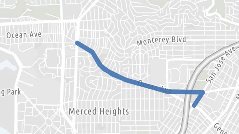The original K Ingleside Rapid Project focuses on improvements along the Ocean Avenue corridor between Junipero Serra Boulevard and the Balboa Park BART Station/San Jose Avenue (blue line in the map). Courtesy SFMTA