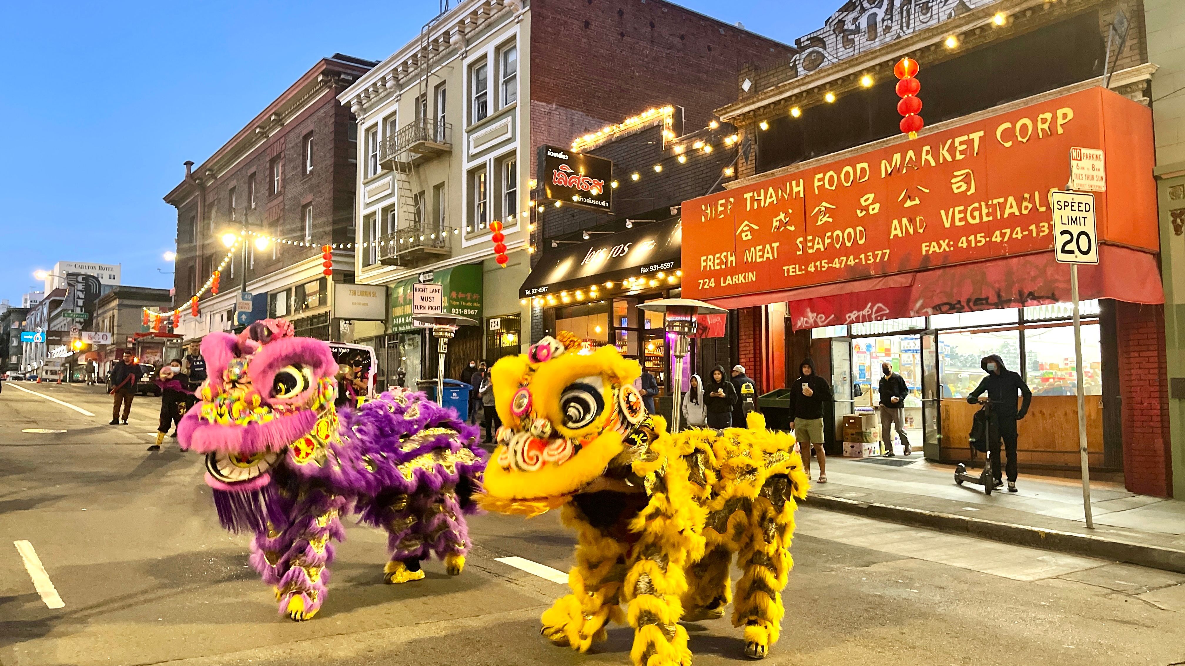 Red lanterns and lights are installed on two blocks of Larkin Street at the Little Saigon corridor in Tenderloin. Photo by Portia Li