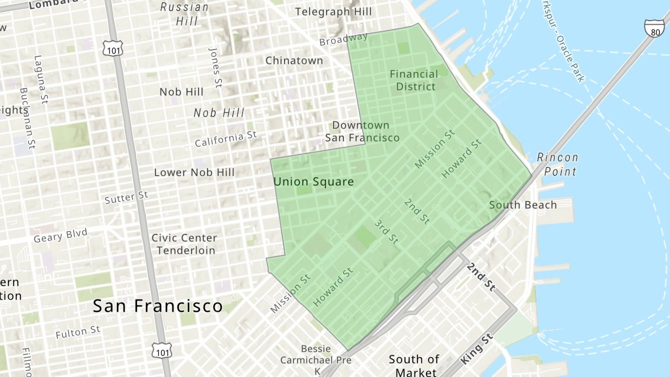 The newly-announced Downtown San Francisco Vibrancy Loan Fund is to support new businesses to be opened at ground-floor vacant storefronts located in the green area which covers Union Square, South of Market and Financial District. Courtesy sfgov.com
