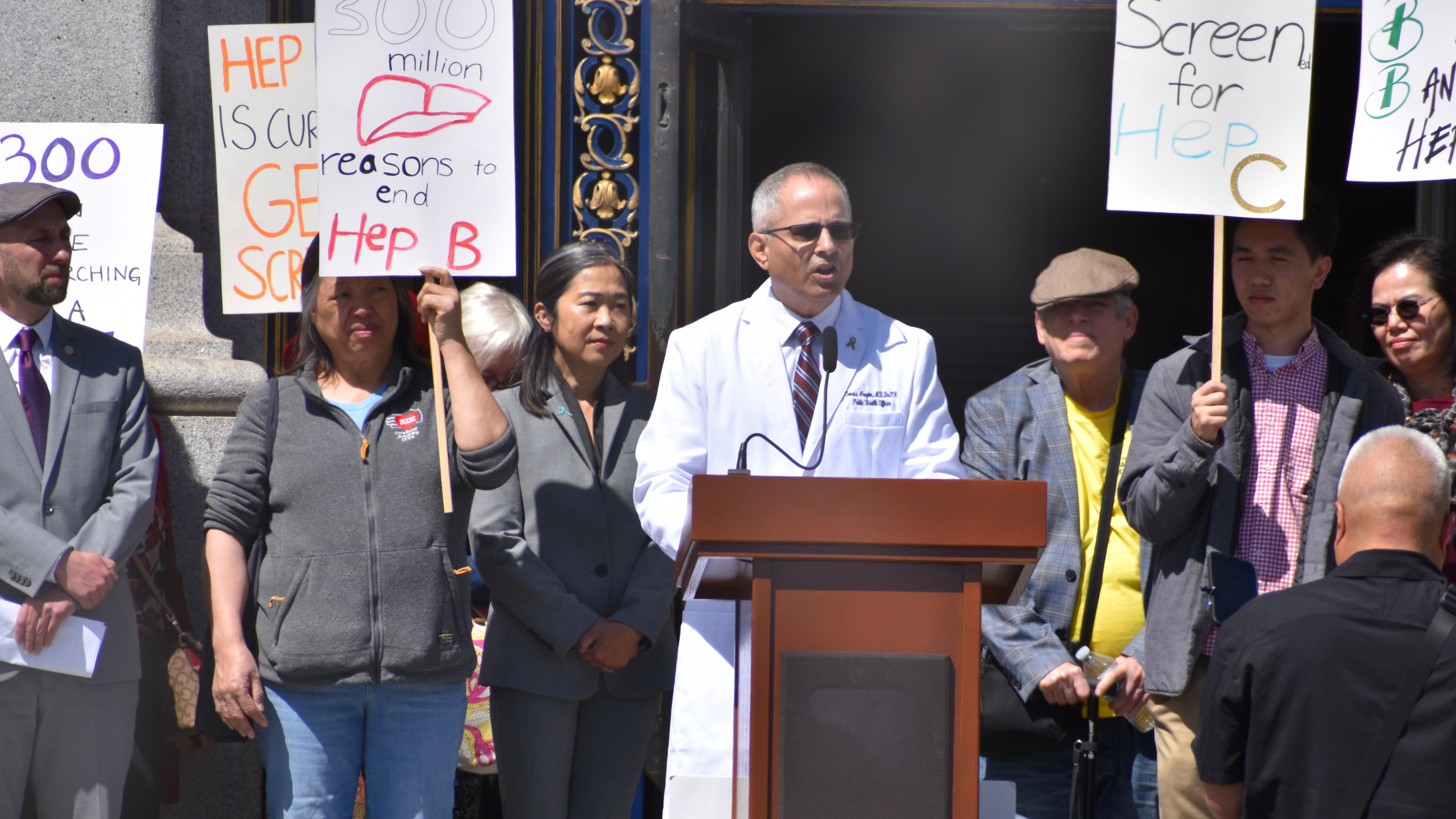 California Department of Public Health Director Dr. Tomás Aragón (center) announces over $3 million state grants awarded to Asian organizations in San Francisco for the Hepatitis B Demonstration Project. Photo by Portia Li