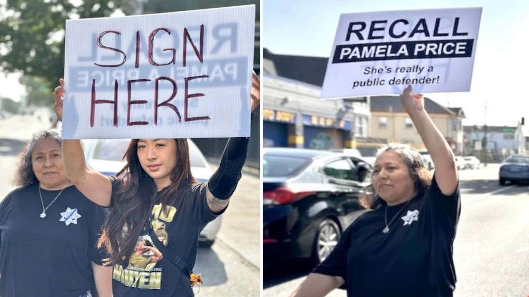 Barbara Nguyen (left), sister of the Sheriff recruit who was shot and killed when driving home in 2022, and other crime victim's family (right) hold signs in support of the recall Alameda DA Price petition. Courtesy Carl Chan
