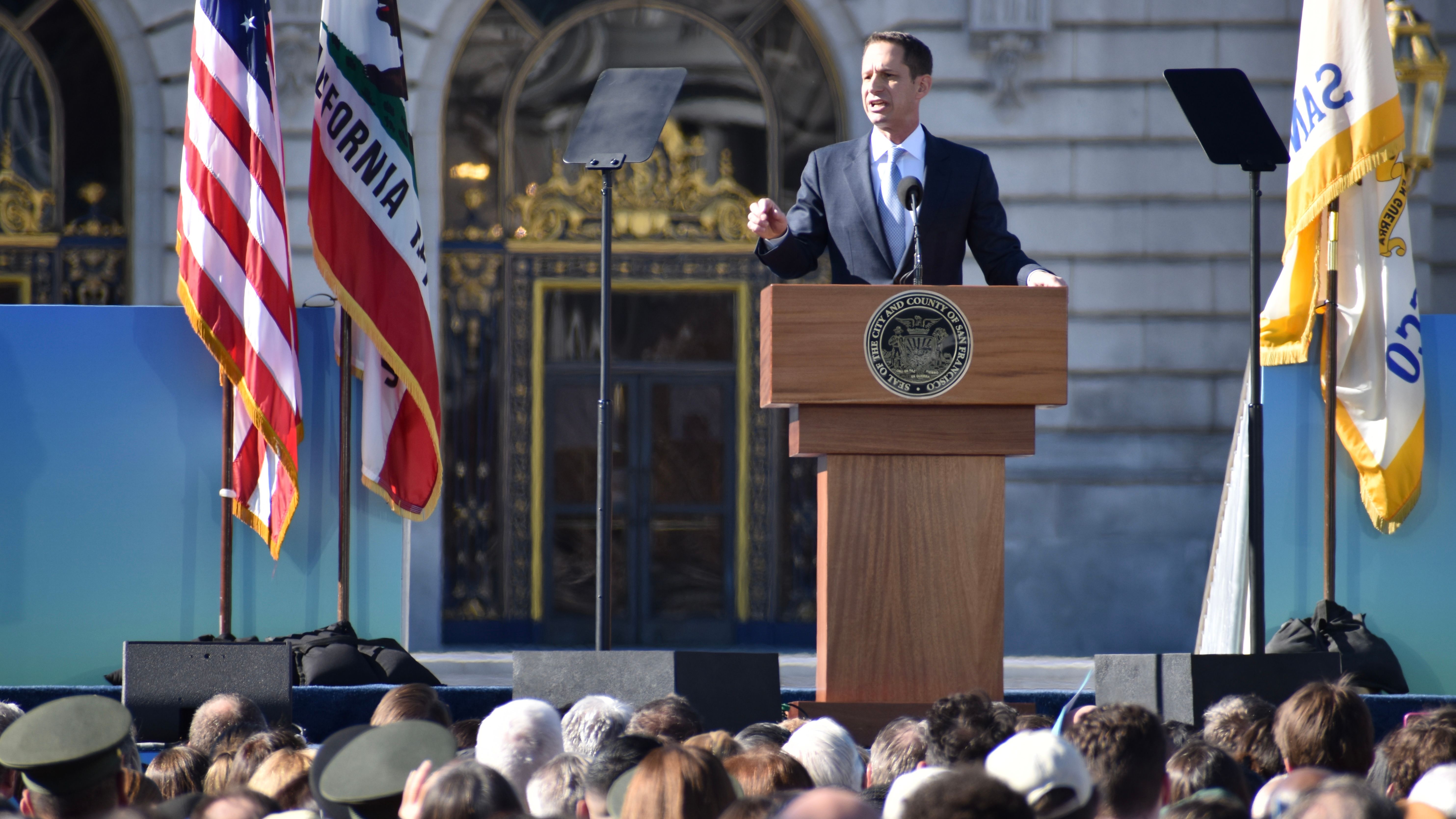 Daniel Lurie is sworn in as San Francisco's 46th mayor on January 8, 2025. Over 2,000 government officials and members of the public attend the outdoor inauguration ceremony at the Civic Plaza. Lurie delivers his inauguration speech. Photo by Portia Li