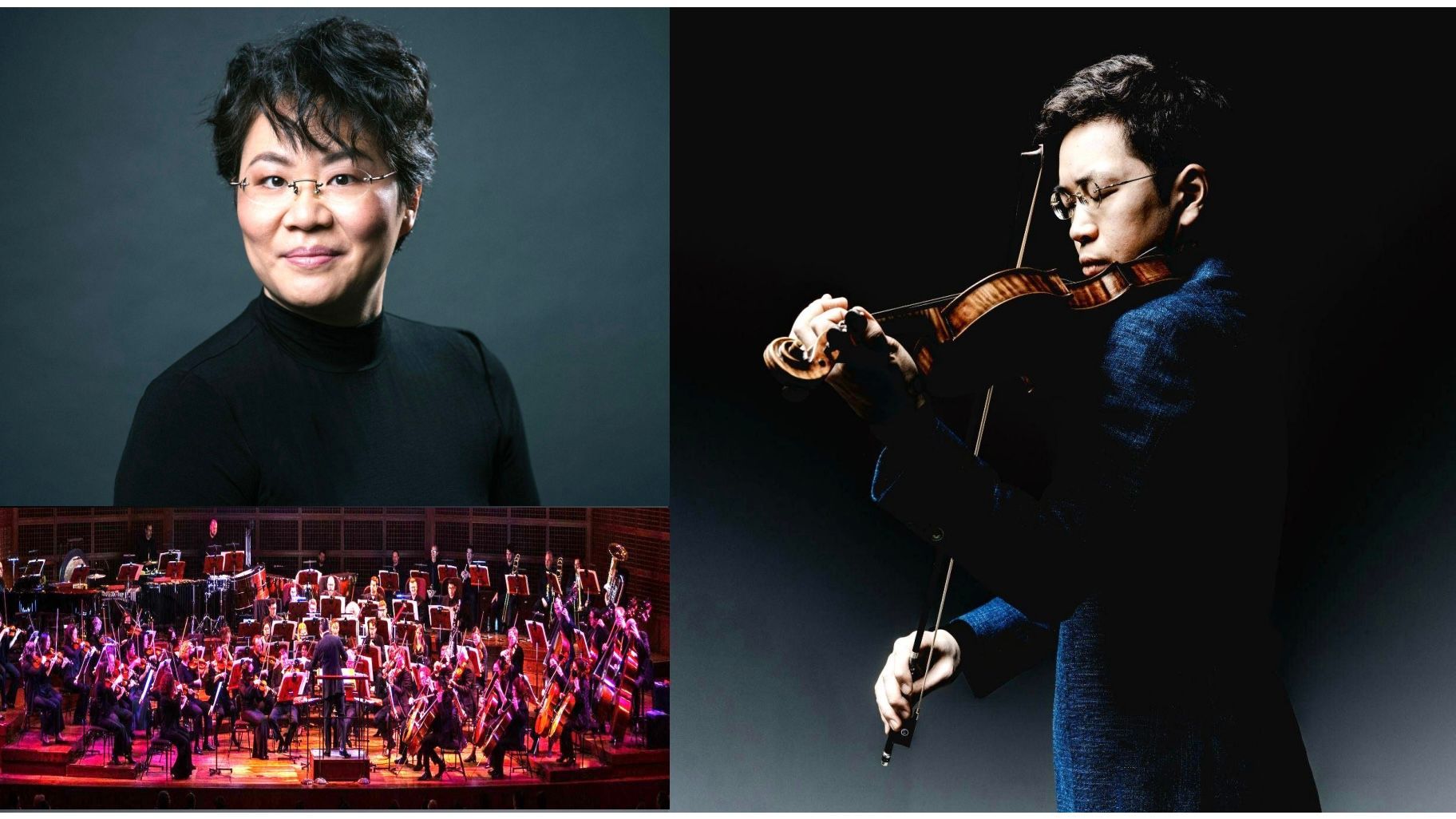 Conductor Mei-Ann Chen (left top) and Violinist Paul Huang (right) will perform at the upcoming SF Symphony Lunar New Year Concert on Feb. 17. Courtesy SF Symphony