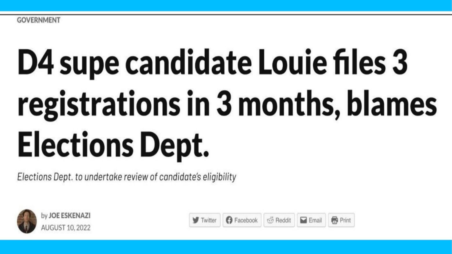 Joe Eskenazi's first article on D4 Supervisor candidate Leanna Louie's voter registration record was published on August 10.