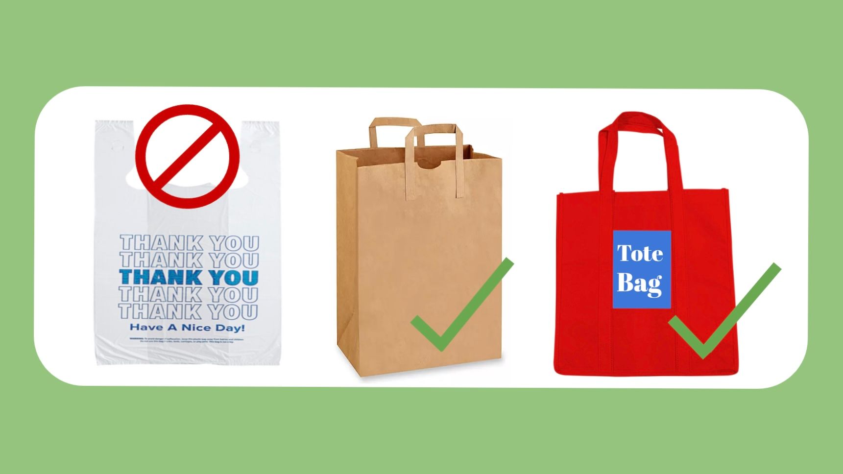Under SB 1053, which is in effect on January 1, 2026 to replace SB 270 passed in 2014, all single-use plastic carryout bags including thin and thick bags (left) are completely banned in California. Grocery and retail stores cannot provide plastic carryout bags to customers who are encouraged to bring their own tote bags (right) or pay at least 10 cents for having a recycled paper bag (center). Illustration by Wind Newspaper 