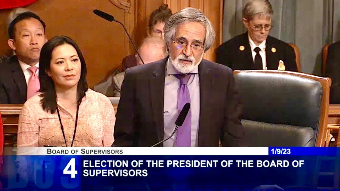 D3/Chinatown Supervisor Aaron Peskin did not plan to run for Board of Supervisors President. But after 17 rounds of voting, Peskin receives most votes to be the new Board President. Screenshot