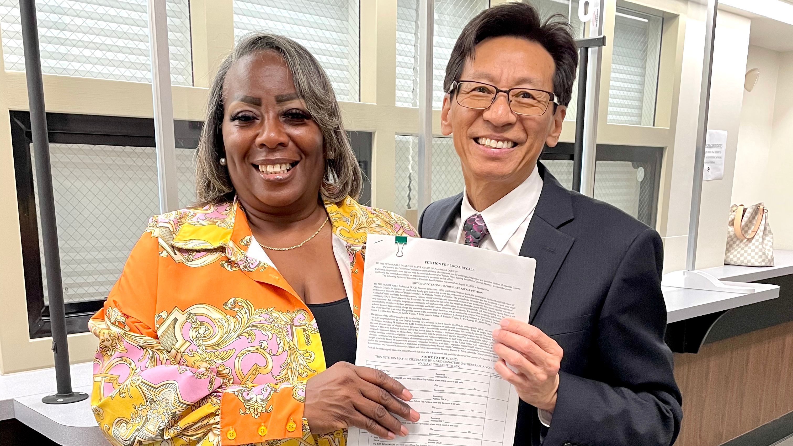 Two proponents of the Recall DA Pamela Price campaign, Brenda Grisham and Carl Chan, announce the approval of their petition by the Alameda County Registrar of Voters Office. They will begin to gather signatures soon. Courtesy Carl Chan.