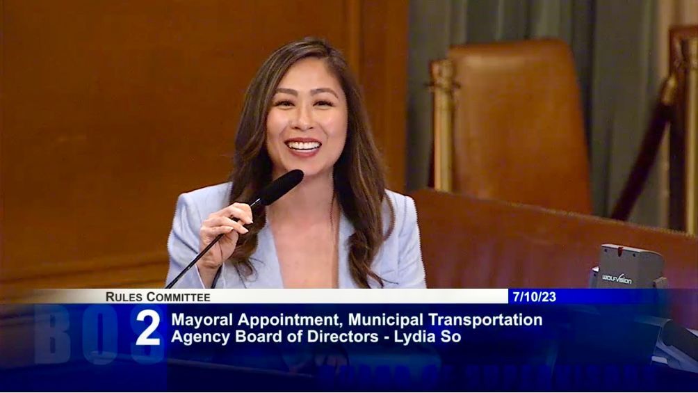 Chinese American Lydia So is confirmed by the Board of Supervisors to serve on the SFMTA Board of Directors. screenshot