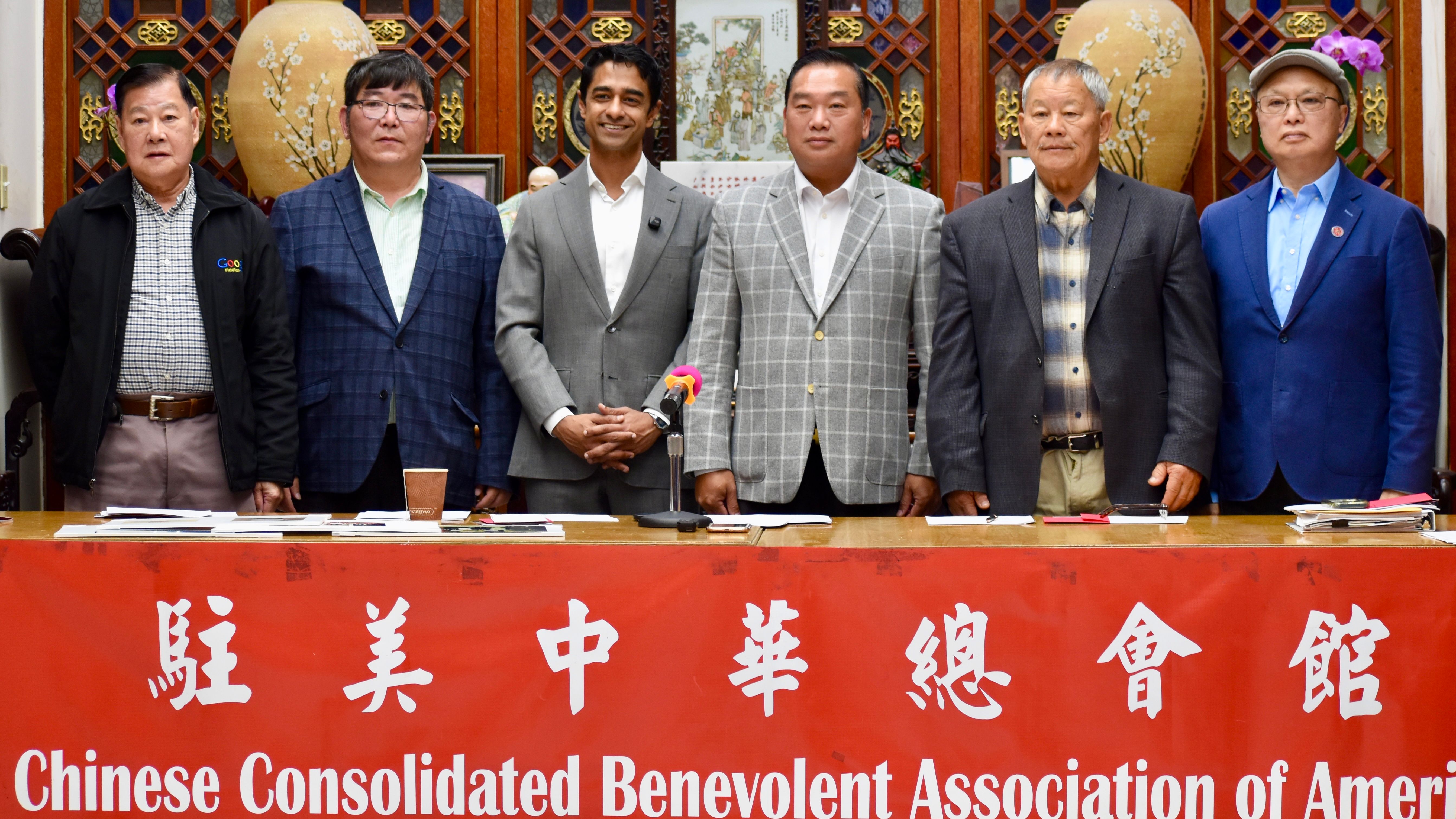 District 11 Congressional candidate Saikat Chakrabarti (3rd from far left) visits the Chinese Consolidated Benevolent Association (CCBA) and praises its historic accomplishments in fighting for equal rights for over a century. This includes the landmark Wong Kim Ark case, which established birthright citizenship that has benefited all communities, including himself, an American-born child of immigrant parents from India. Photo by Portia Li 