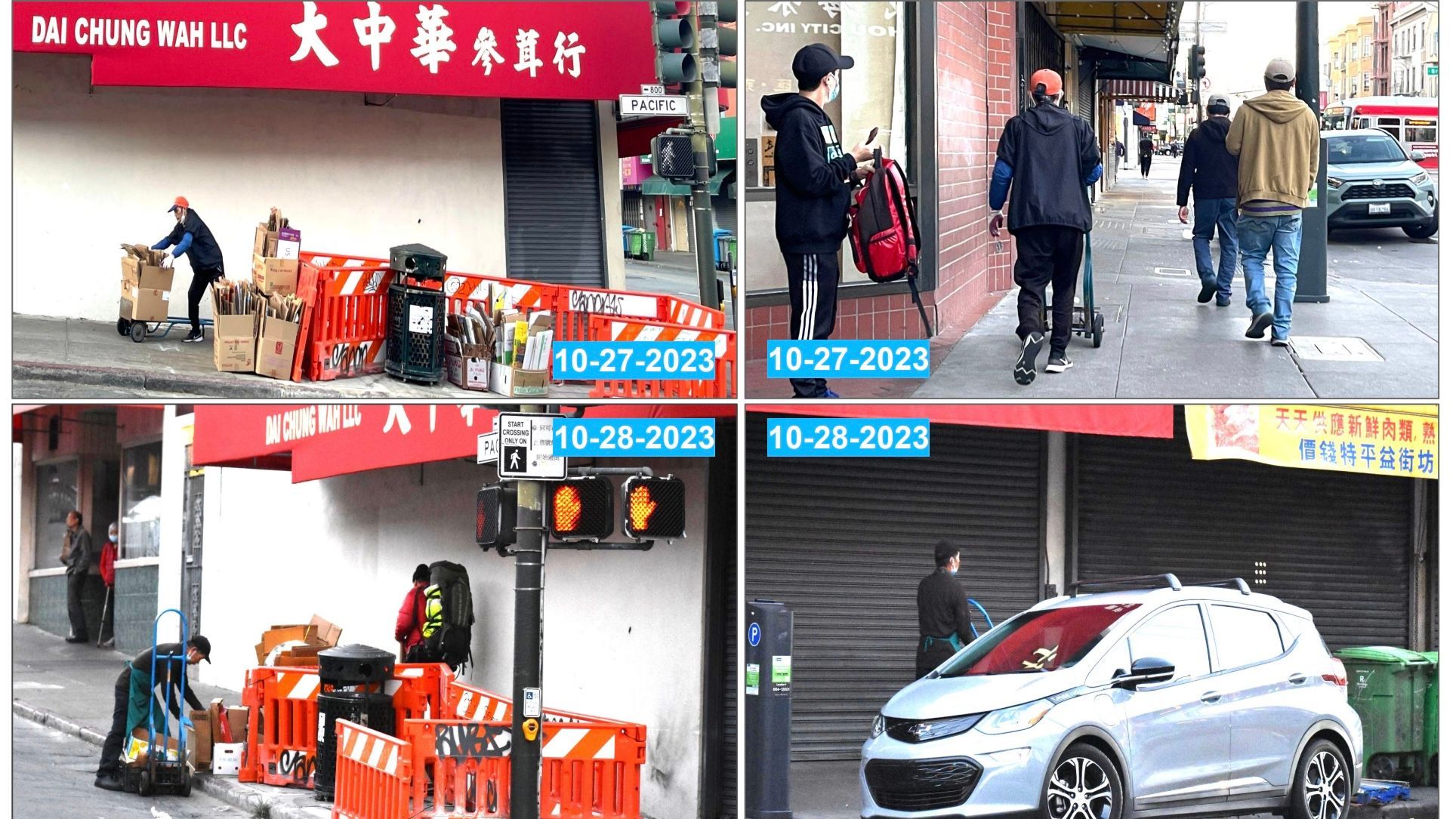 Wind Newspaper monitors the situation outside Dai Chung Wah herb shop in the evenings of October 27 and 28. A number of workers are seen pushing their trolleys to bring cardboard to the same location for disposal. Photos by Portia Li