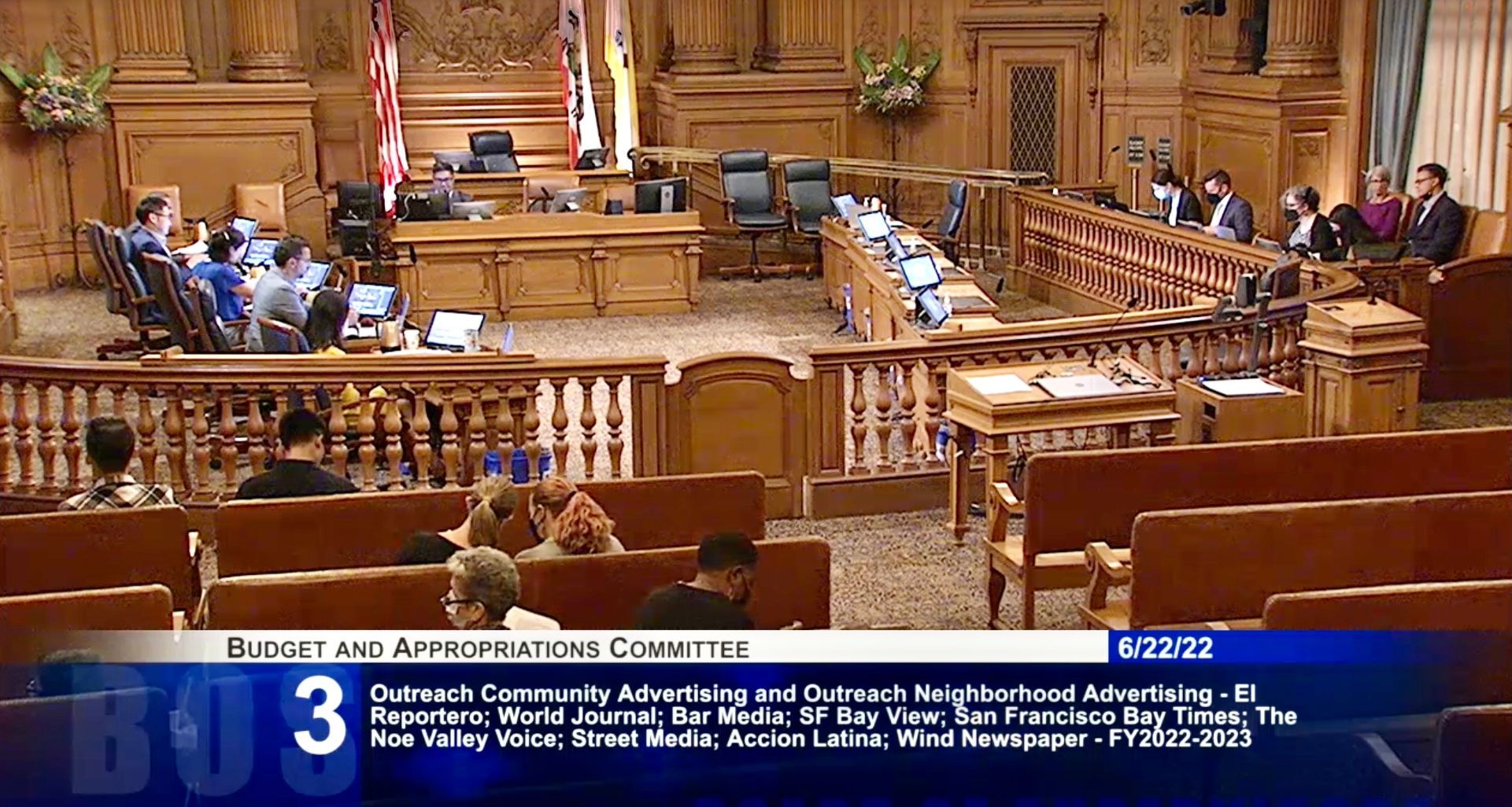 The Budget and Appropriations Committee of Board of Supervisors votes on the recommendations of the outreach advertising publication list. Screenshot photo