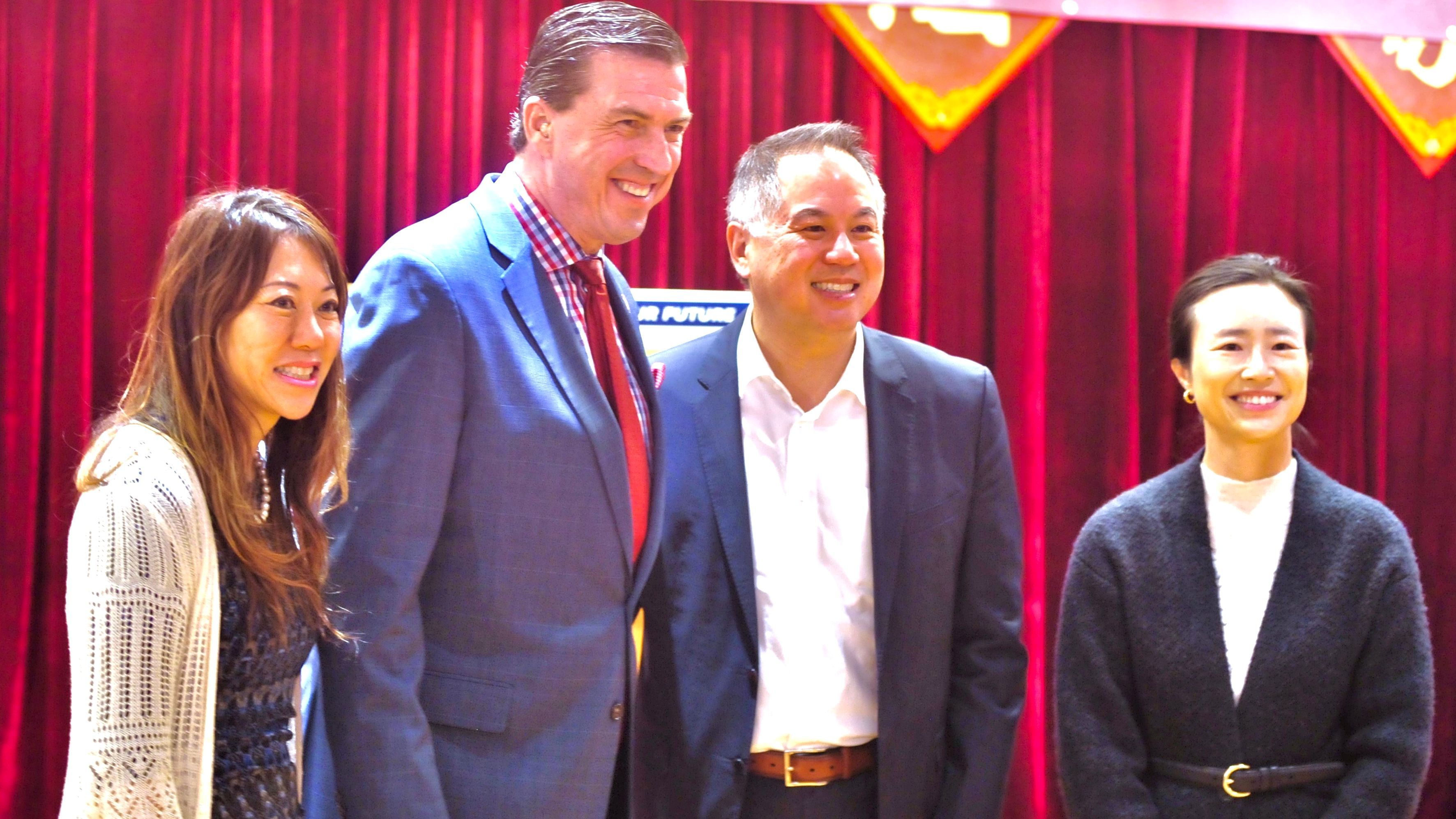 Three Chinese American elected leaders, Fiona Ma (from far left), Phil Ting and Connie Chan, support Kevin Mullin running for Congress. Photo by Ben Kwan