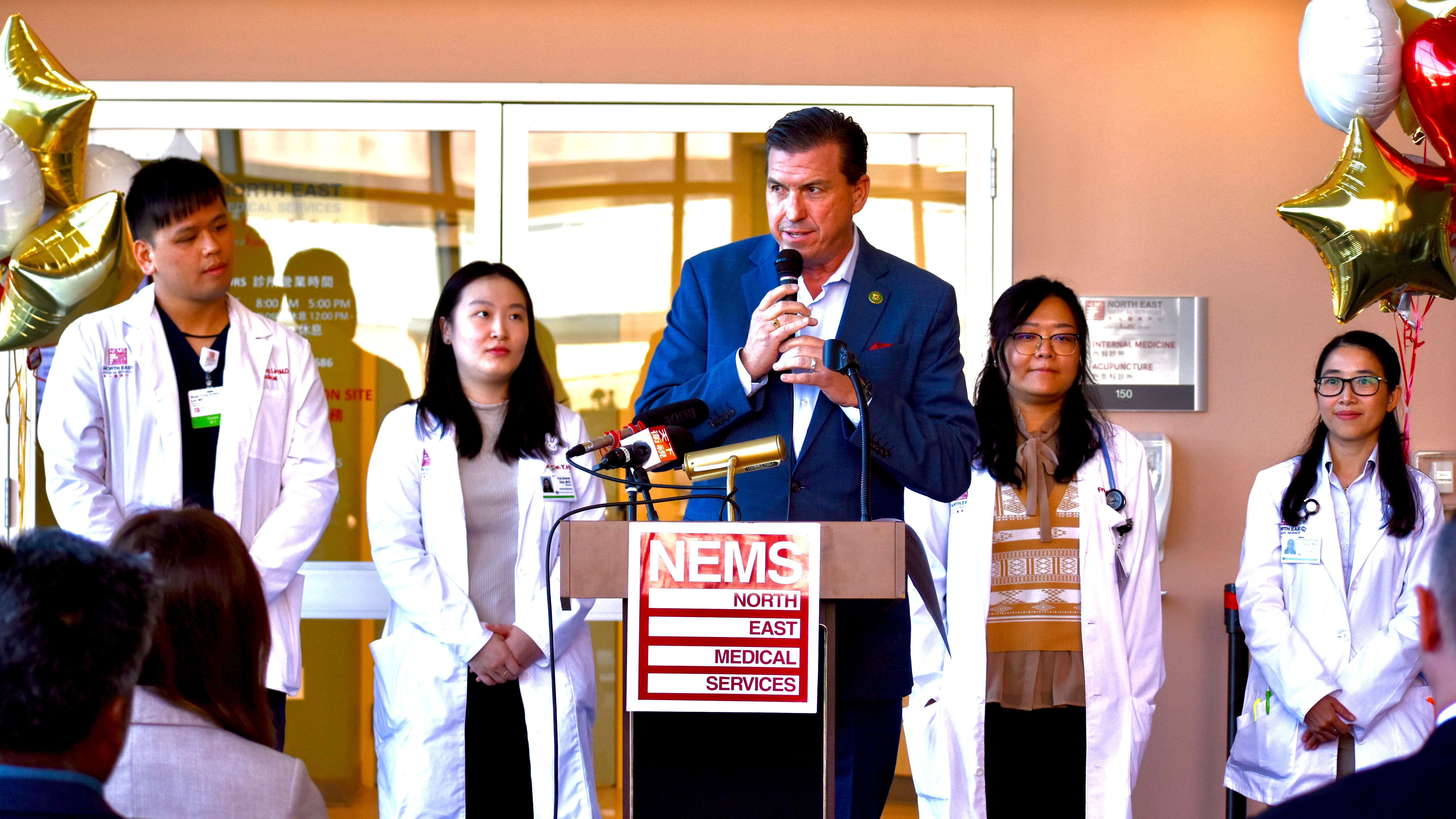 U.S. Congressman Kevin Mullin (center) speaks in support of the medicine residency program at NEMS’ opening ceremony in Seton Medical Center. Photo by Portia Li