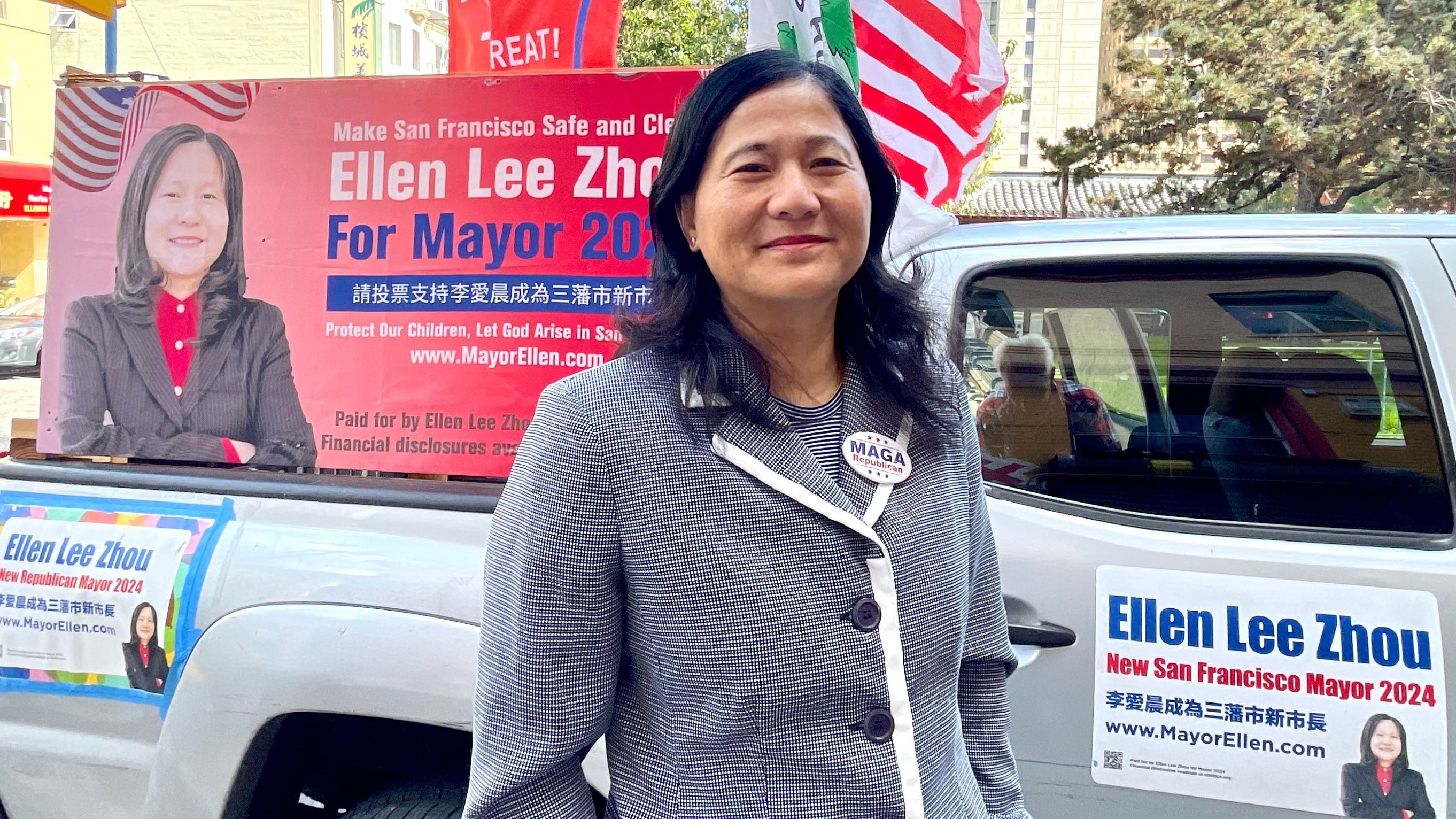 Mayoral candidate Ellen Lee Zhou who was terminated in September 2022 for not taking COVID vaccinations as a city employee sues San Francisco for wrongful termination. Photo by Portia Li