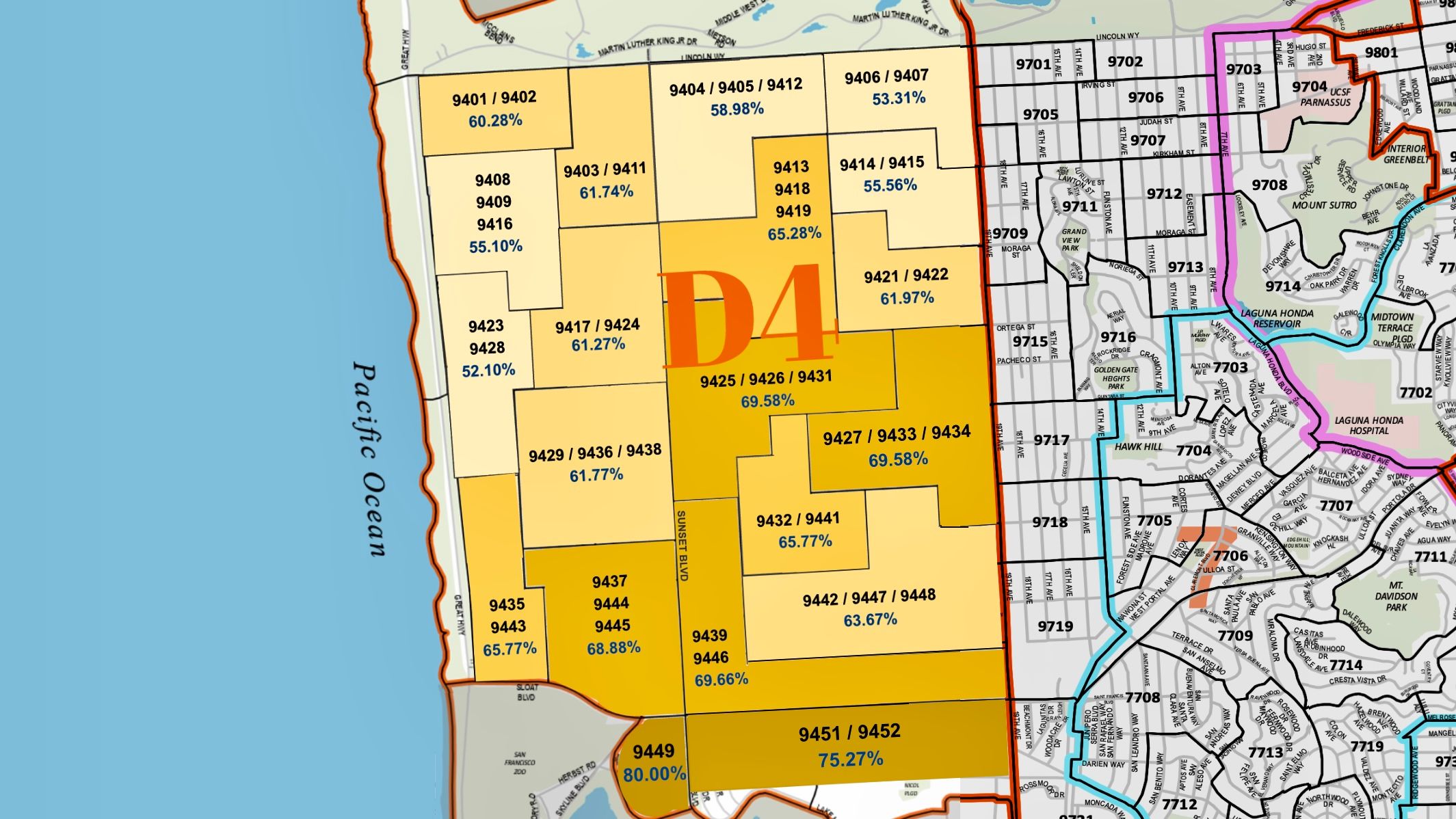 Voters from all 20 polling places in District 4 pass Prop. A to recall Supervisor Joel Engardio with majority votes. The precincts with darker color in the map approve the recall with wider margins. Data: SF Department of Elections, Graphics: Portia Li